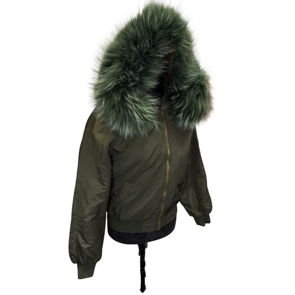 Stylish Olive Bomber Jacket with Real Fox Fur Hood • XS/S • Warm & Chic - Picture 3 of 12